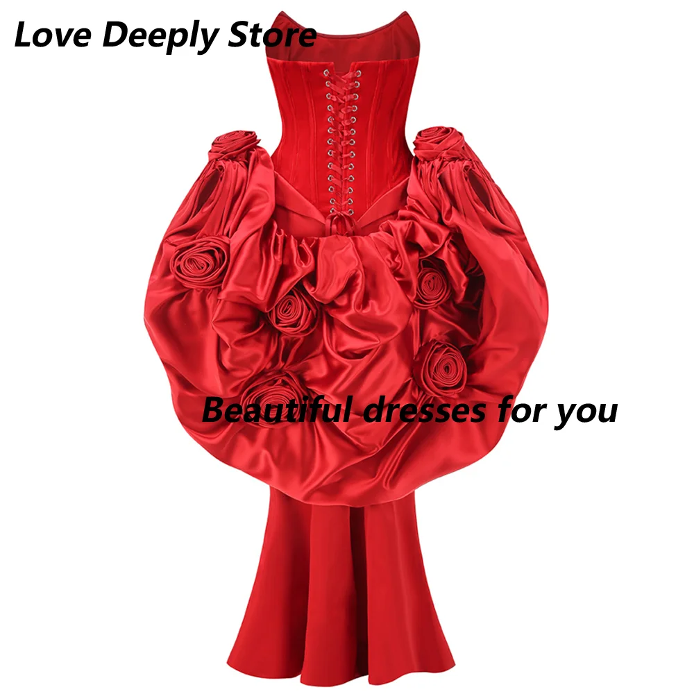 Red Evening Dresses for Women Sexy Strapless Floor Length Prom Dress 2025 Mermaid Backless Handmade Flowers Wedding Party Dress