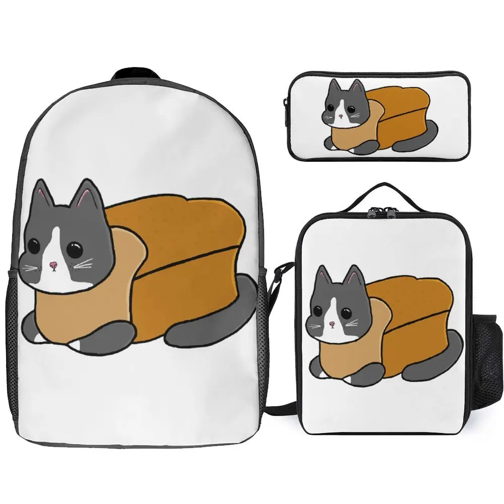 Mochila 3 en 1 de 17 pulgadas para el almuerzo, bolso para bolígrafos, música Mental pesada, Gato lindo, pan de gato, escuelas divertidas y cómodas, 3 duraderas