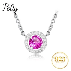 Potiy Round Created Pink Sapphire 925 Sterling Silver Pendant Necklace for Women Trendy Gemstone Fine Daily Jewelry 45cm