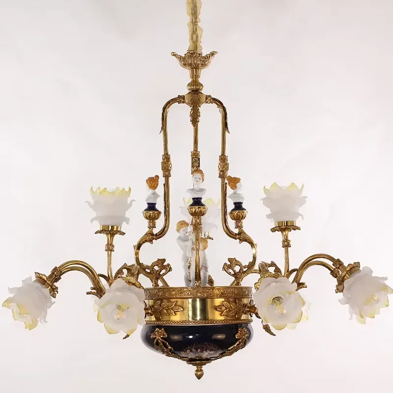 French Style Ceramic Chandelier Porcelain Figures Rose Flower Shades 6 Lights LED 2700K Universal Voltage 34kg