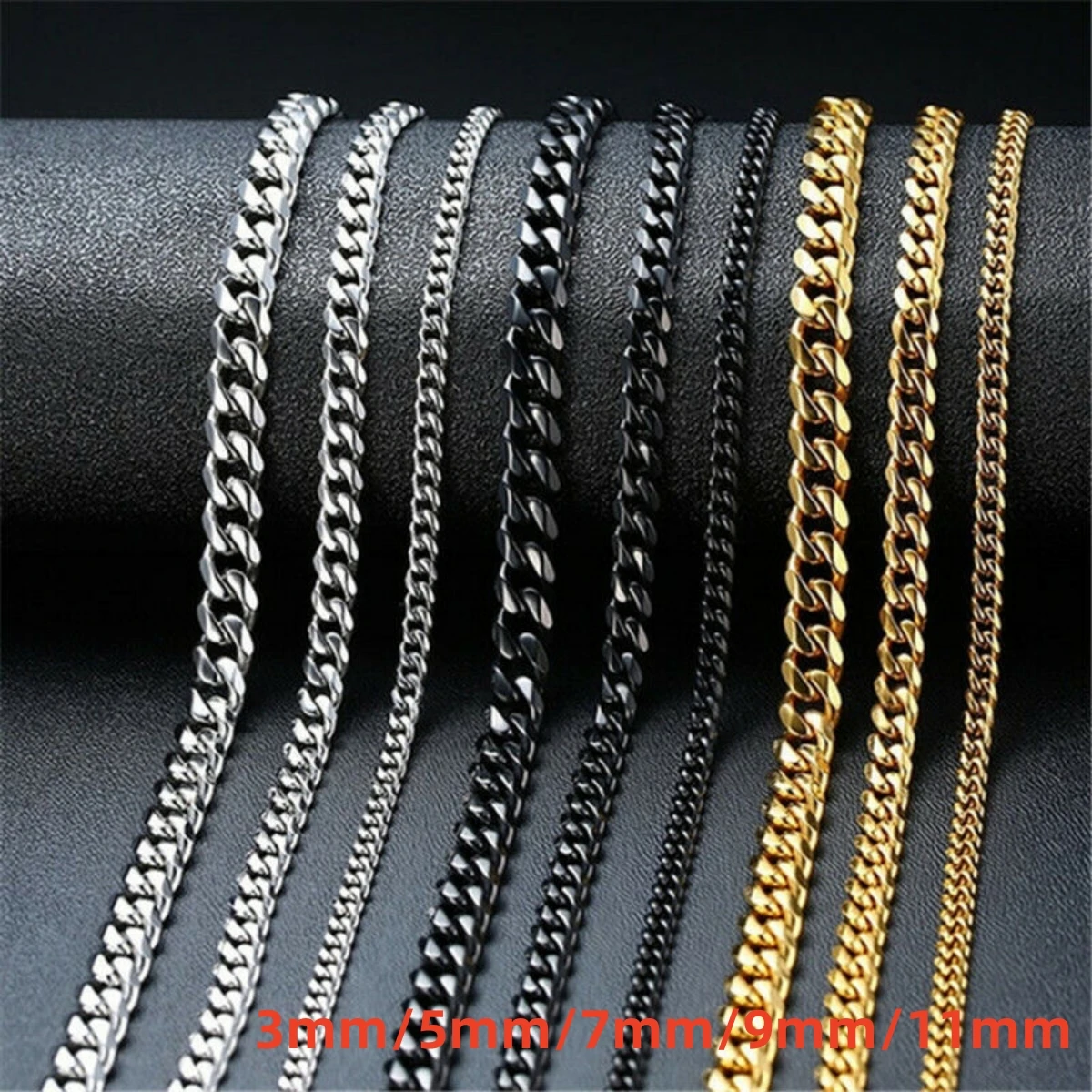 3mm/5mm/7mm/9mm/11mm Stainless Steel Curb Cuban Chain Necklace Link Men Women  18-28''