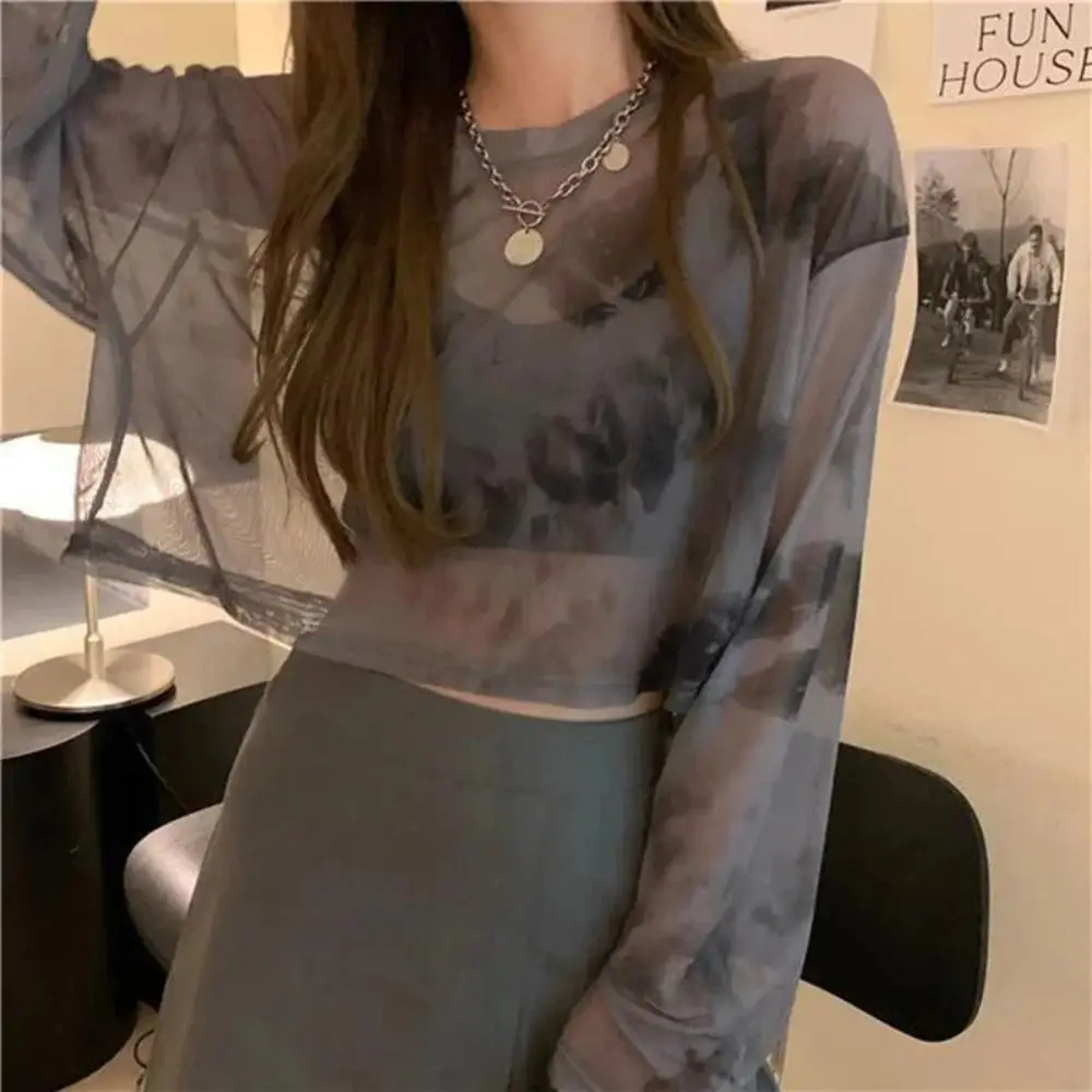 Sheer Mesh Sun Proof Shirt Tie Dye Short Length Mesh Sun Protection Top Simple Lightweight Casual T-Shirts Daily Casual