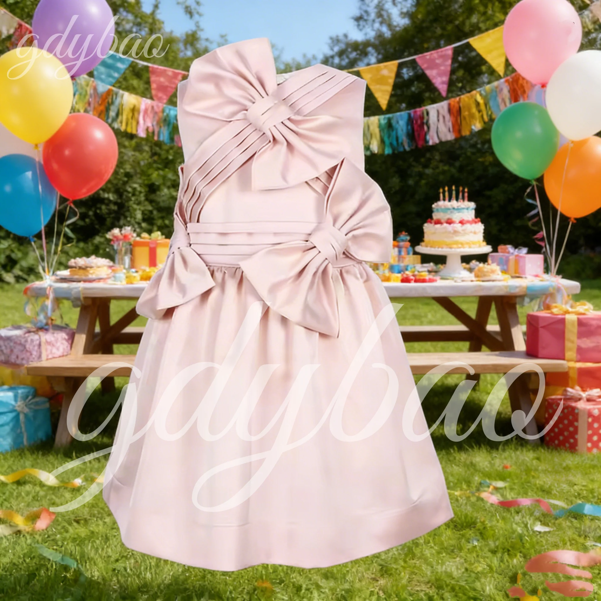 

Pink Satin Party Dresses for Girls O Neck A Line Bow Modern Girl's Party Gown Short Knee Length Kid's Birthday Dress