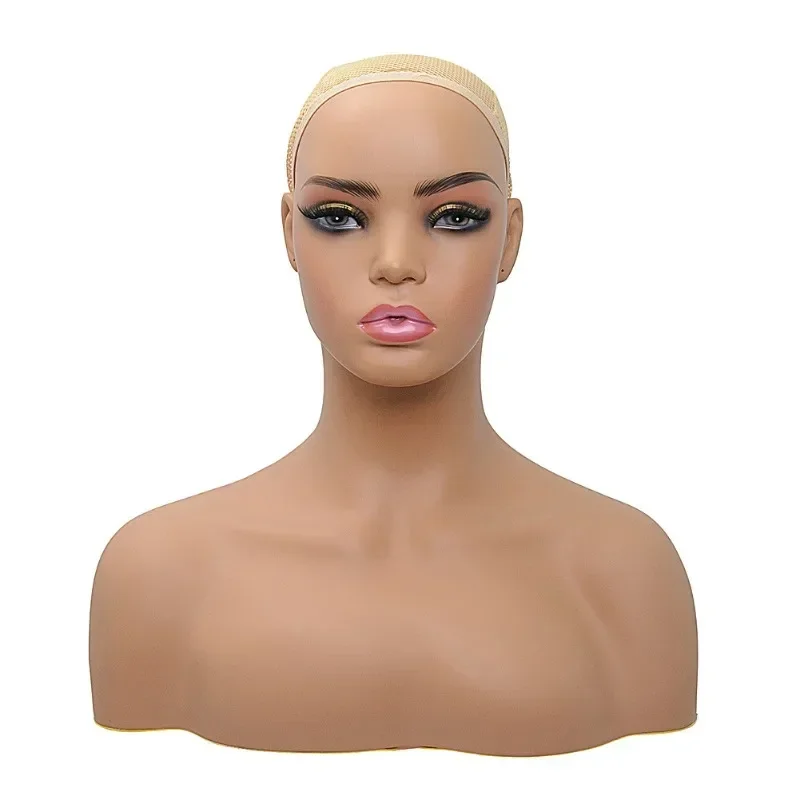 PVC Female Manikin Head Realistic Mannequin Head Bust with Shoulders for Wigs Display Making Styling