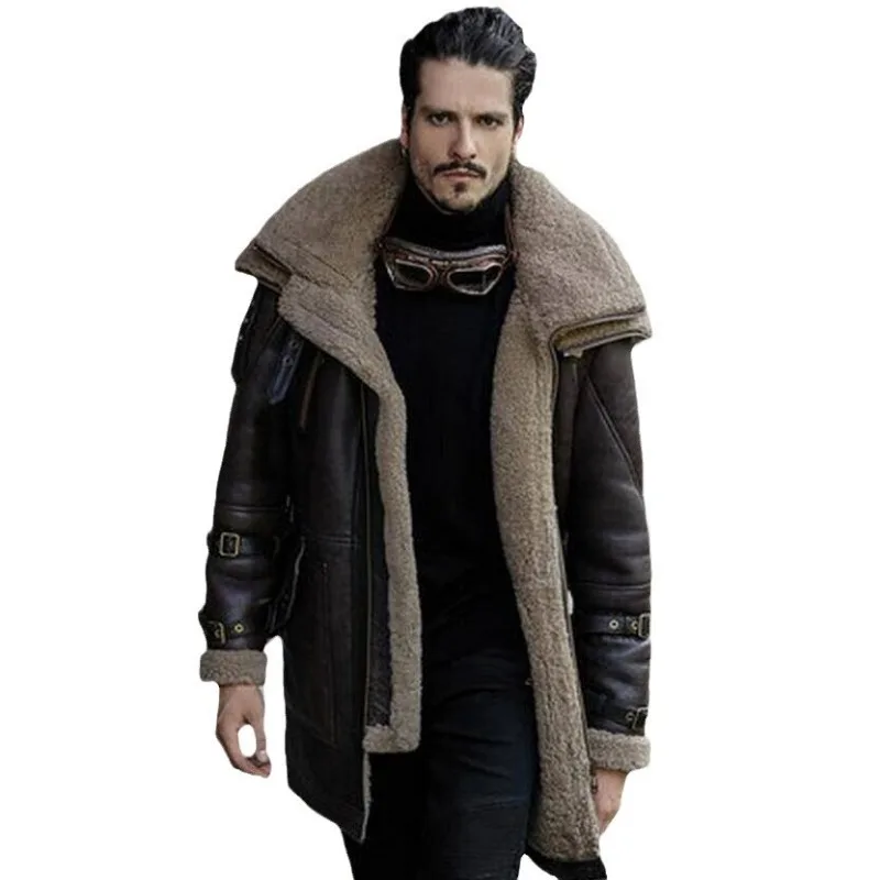 Winter Men's PU Leather Jacket Nordic Ethnic Style Imitation Leather Velvet Men's Coat Thickened Medium and Long Coat