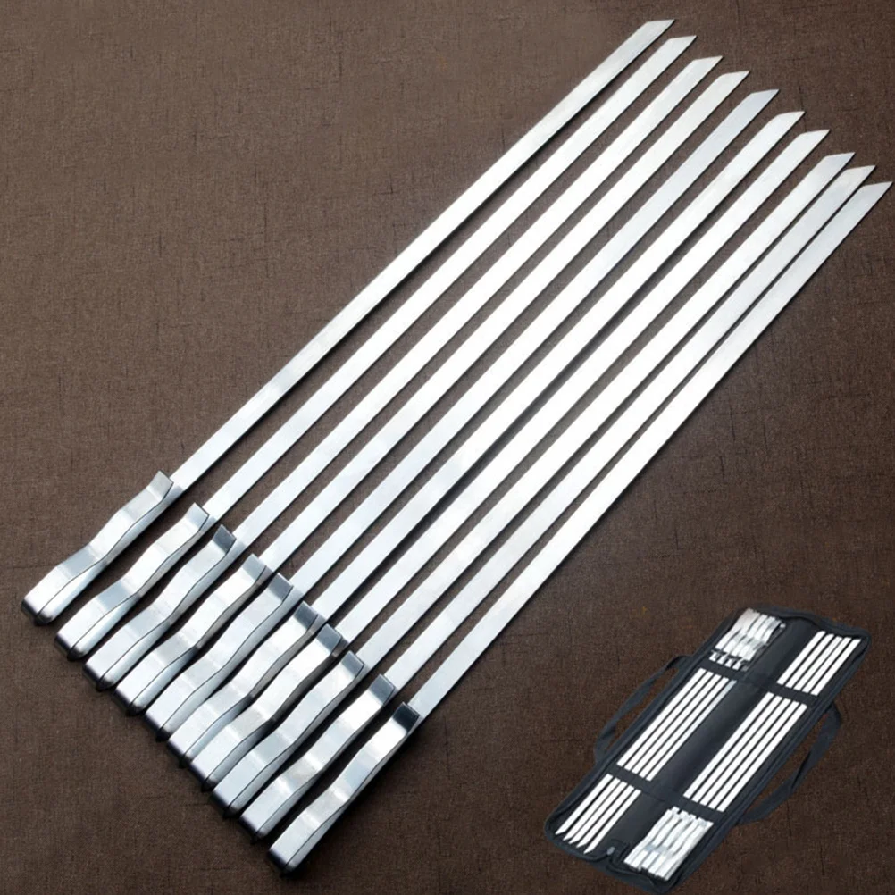 

10pcs 42Cm Stainless Steel Big Flat Skewers Heavy Duty Bbq Tools For Grilling Shrimp Chicken Kebabs Waved Handle Quick Release