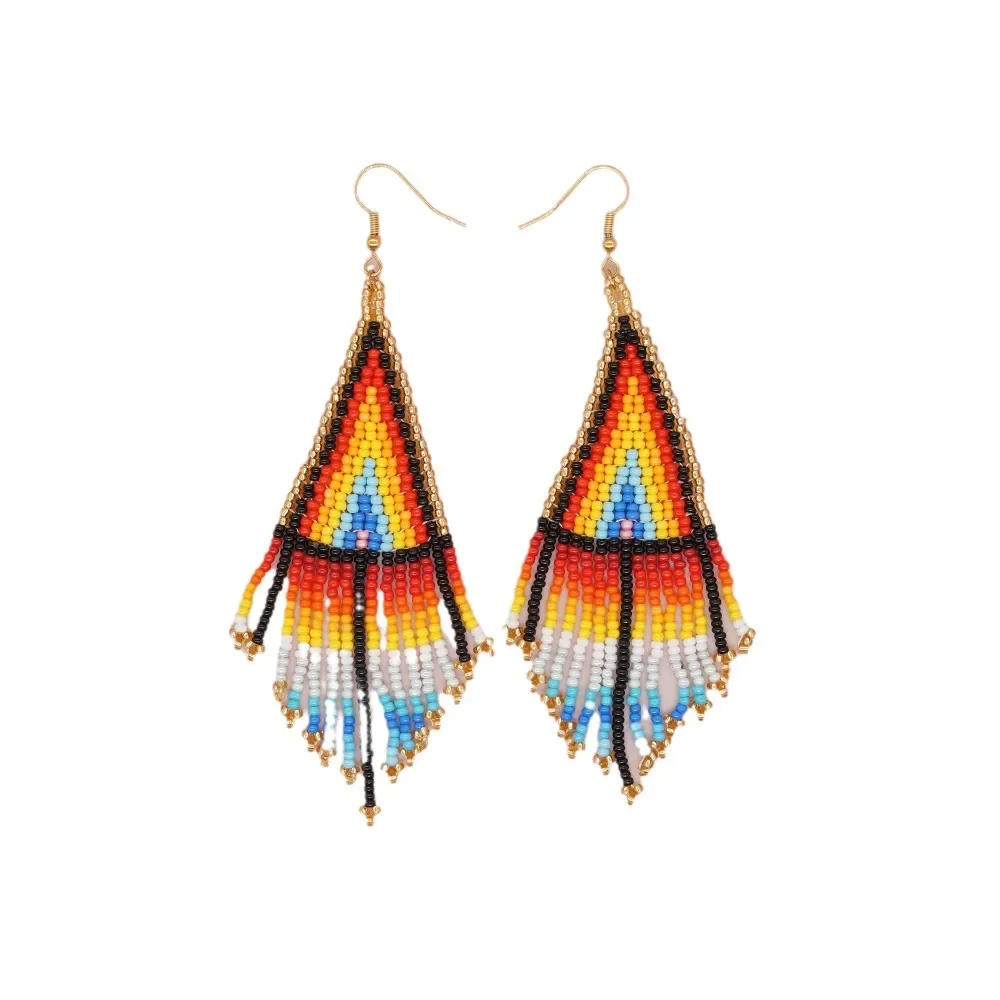 Beaded earrings Tassel Originality Flowers Design Rainbow Gradient Hand knitting Bohemia Alloy Tide Simple Rice bead earrings