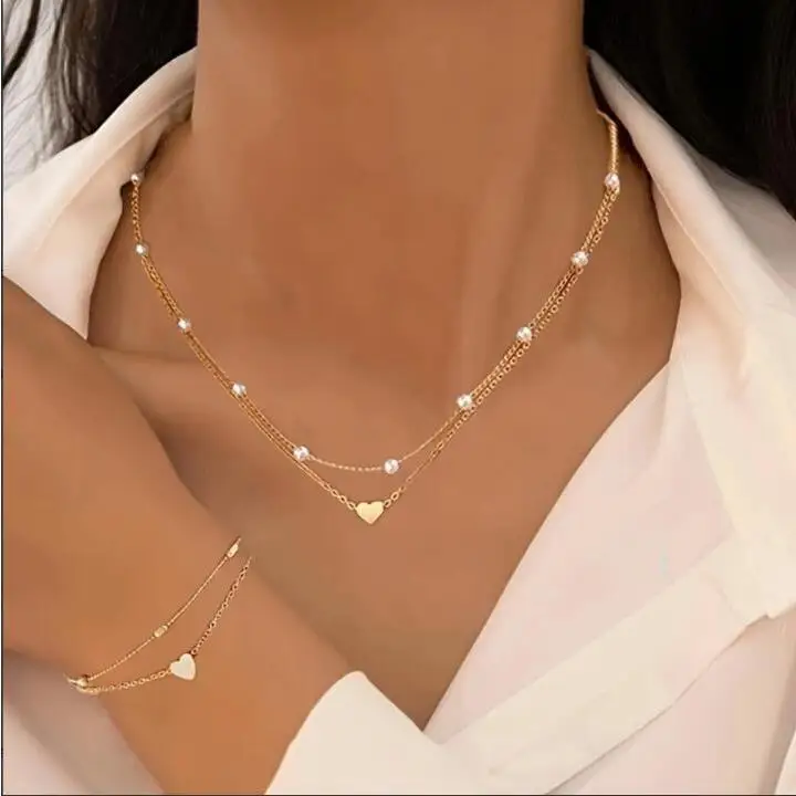 

Creative Personali Pearl Heart Bead Bracelet Nelace Set Cross-Border Jewelry Set Ele Quali Men's Faion Accories