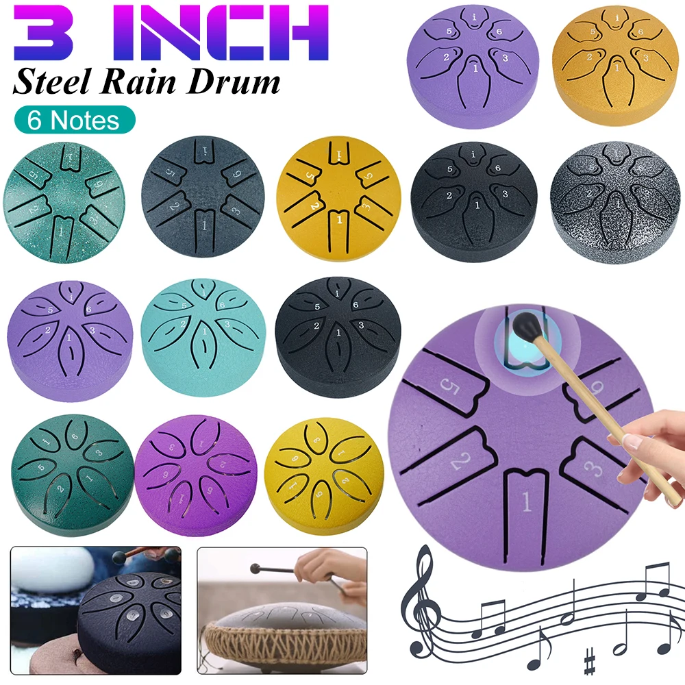 3 Inches 6 Notes Rain Drum Steel Tongue Drum with Drumsticks Ethereal Handpan Drum for Yoga Meditation Percussion Instruments