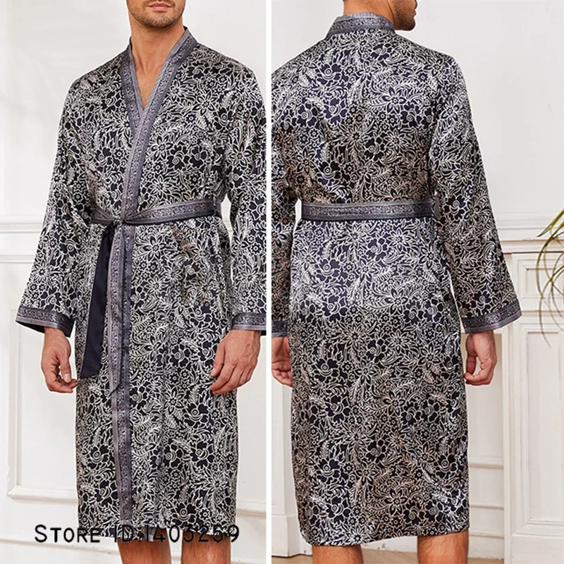 Kimono imprimé bleu marine pour hommes, vêtements de nuit décontractés en satin, robe de peignoir avec ceinture, vêtements de détente, printemps, vêtements de nuit d'été