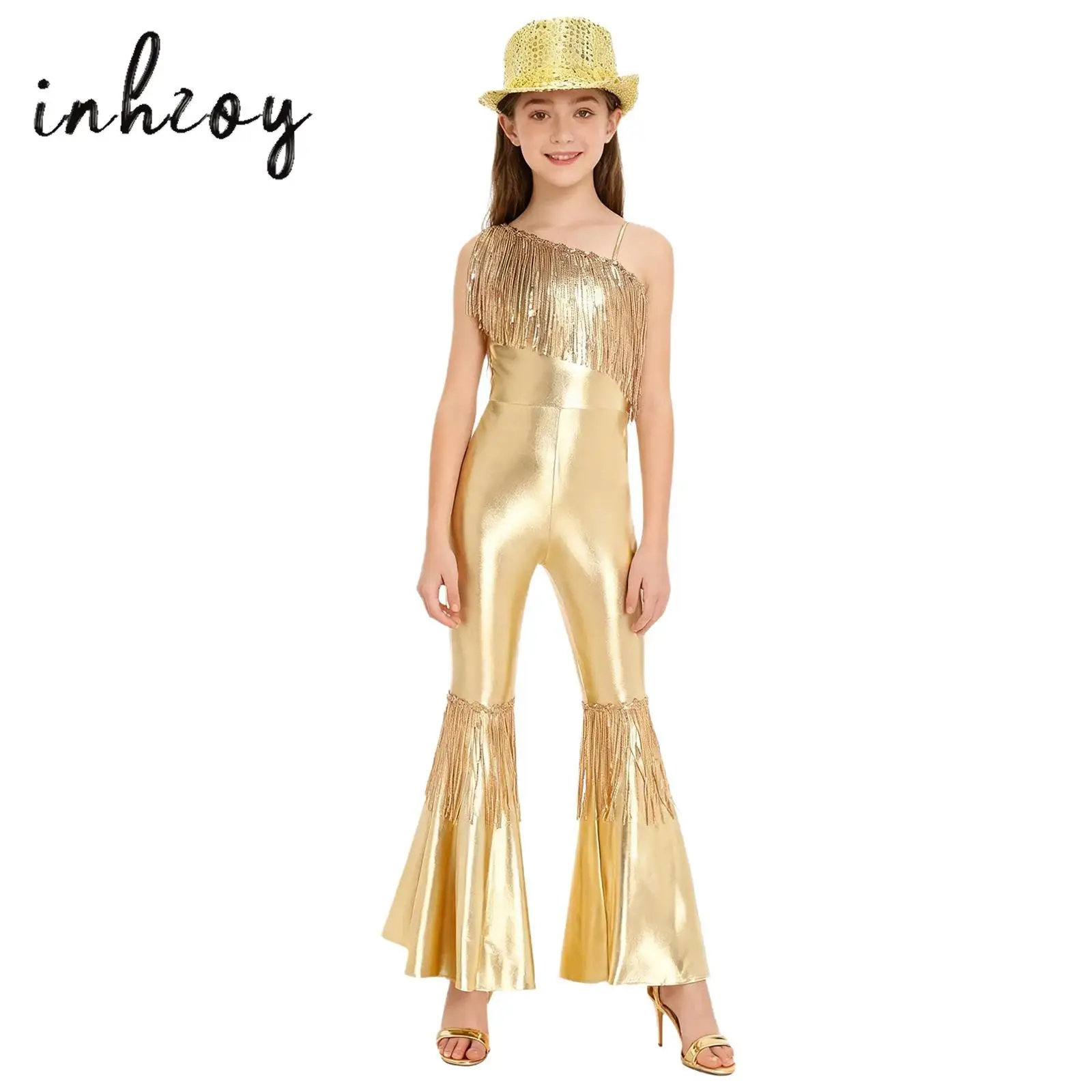 

Kids Girls Jazz Disco Dance Jumpsuit Sleeveless One Shoulder Sequins Tassels Flared Jumpsuit with Fedora Hat Ballroom Dancewear