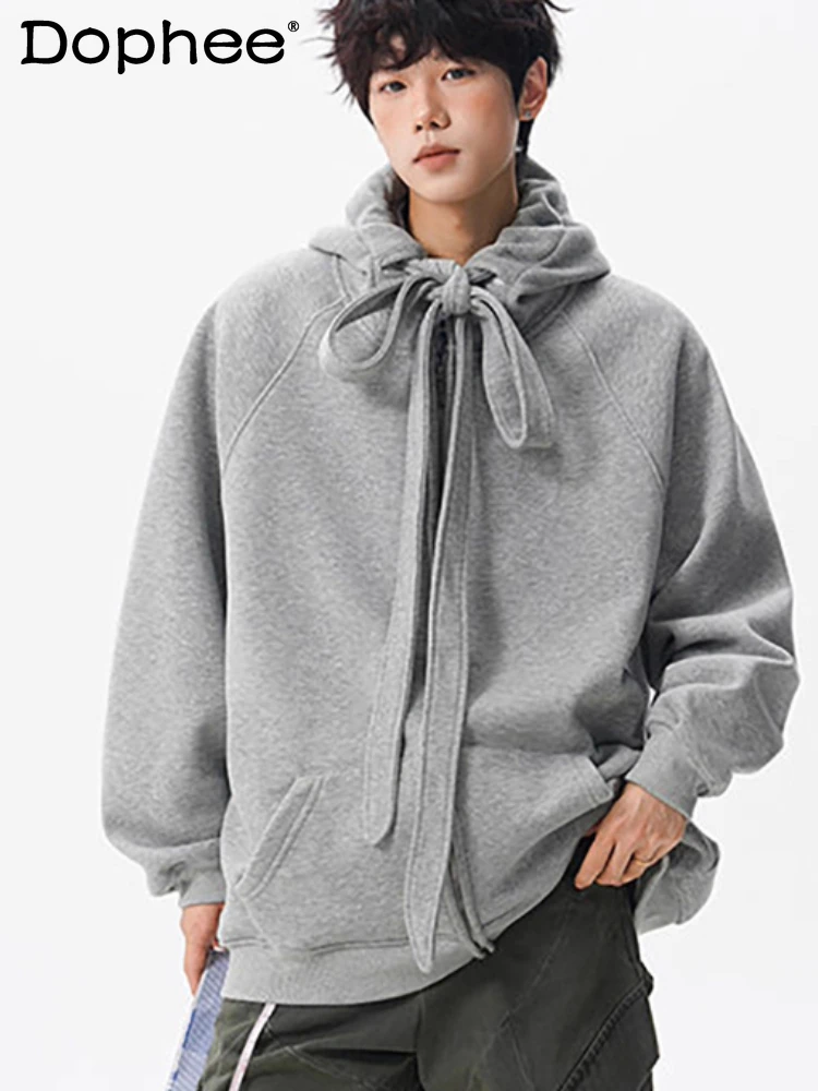 

Мужские и женские осенние новые модные шикарные толстовки с галстуком, однотонные высококачественные толстовки с капюшоном, свободные декоративные куртки с карманами