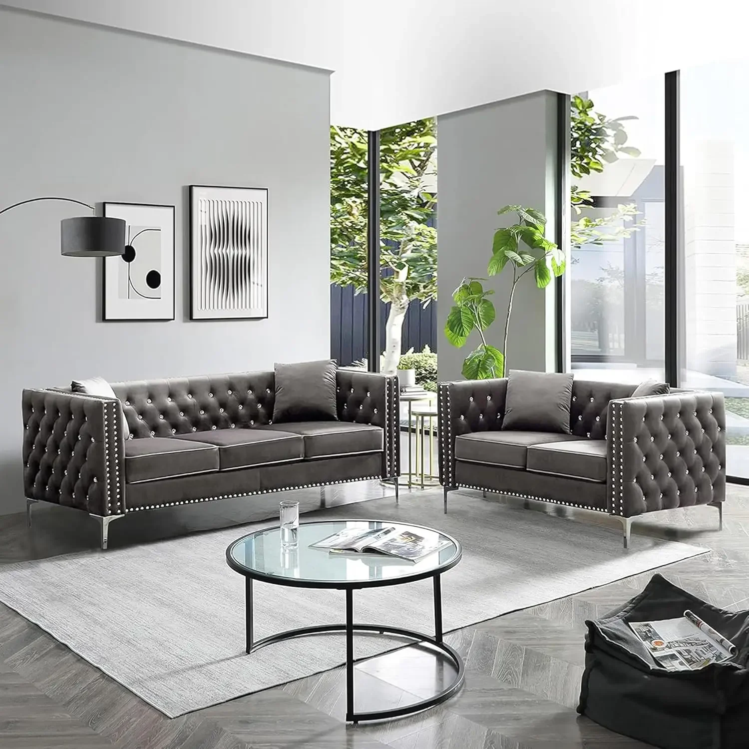 2 Piece Modern Velvet Upholstered Living Room Sofa Set with 3-Seater Sofa and Loveseat