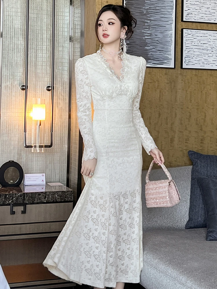 여성의 부드러운 우아한 긴 드레스 여성을위한 달콤한 연예인 화이트 다이아몬드 쉬어 레이스 Fishtail 가운 여성 파티 연회 Vestidos