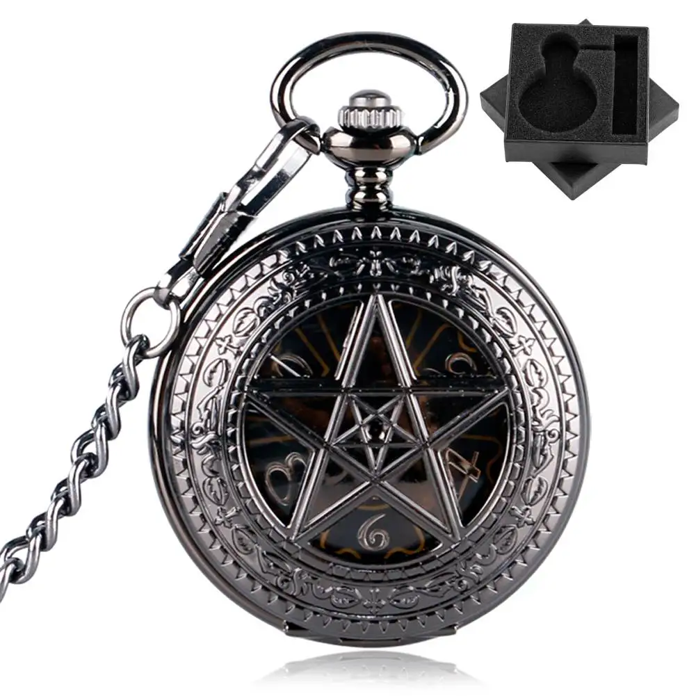 Retro Mechanical Hand Winding Pocket Watch Hollow Star Arabic Numerals Dial Vintage Black Fob Chain Pocket Pendant Watch Gift