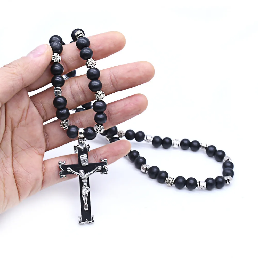 Black Paracord Men Rosaries 8mm Acrylic Beads Cross Necklace for Soldier Catholic Rugged Rosary