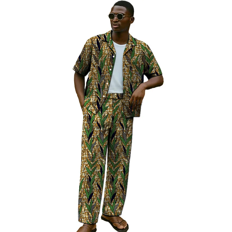 

Мужской комплект в африканском стиле от кутюр, рубашки с короткими рукавами и прямые брюки, мужская праздничная одежда с нигерийским принтом по индивидуальному заказу