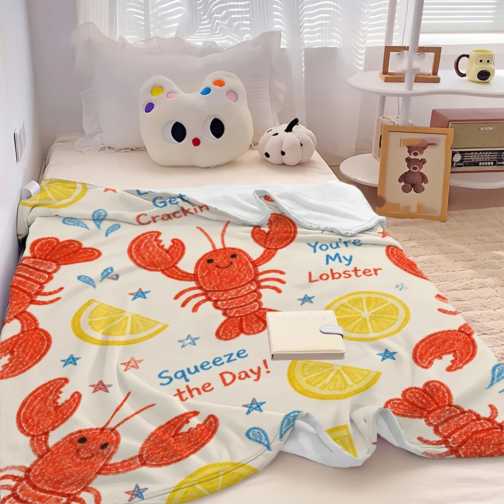 1pc Lemon Lobster Pastel Summer Coastal Print Flannel Blanket, Skin-friendly and Cozy, Suitable for Blankets, Kid Bed Covers, Ga