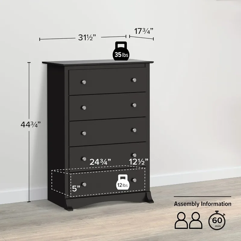 Prepac Sonoma Superior 5-Drawer Chest for Bedroom - Spacious and Stylish Chest of Drawers, Measuring 17.75"D x 31.5"W x 44.75"H