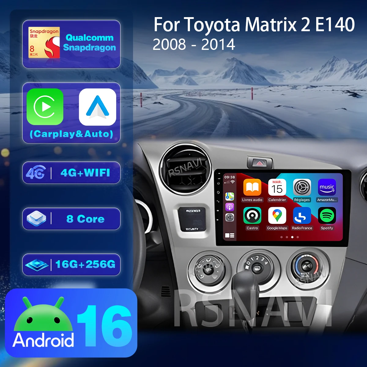 Android 16 For Toyota Matrix 2 E140 2008 - 2014 Carplay Auto Wireless Car Radio Multimedia Head Unit Autoradio Stereo WiFi+4G