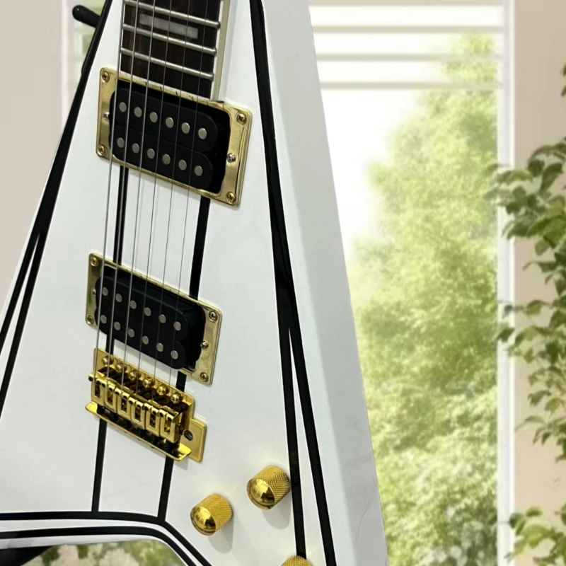 White Black Line V Shape Electric Guitar HH Pickups Fixed Bridge Gold Hardware Free Delivery Classic Rock