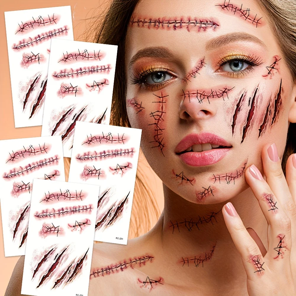 

20 Sheets Halloween 3D Fake Scar Temporary Tattoos For Adults, Horror Fake Tattoos For Body Face Masquerade Prank