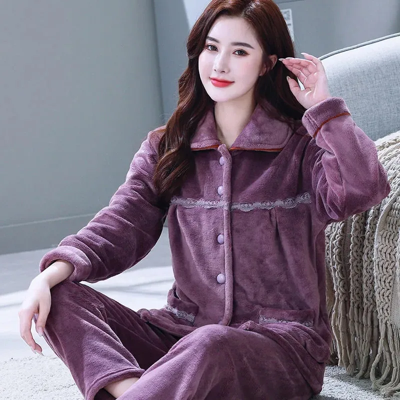 Autumn Flannel Pajamas Set Women Winter Warm Pyjamas Sets Long Sleeve Trousers Velvet Coral Thicker Pijama Homewear