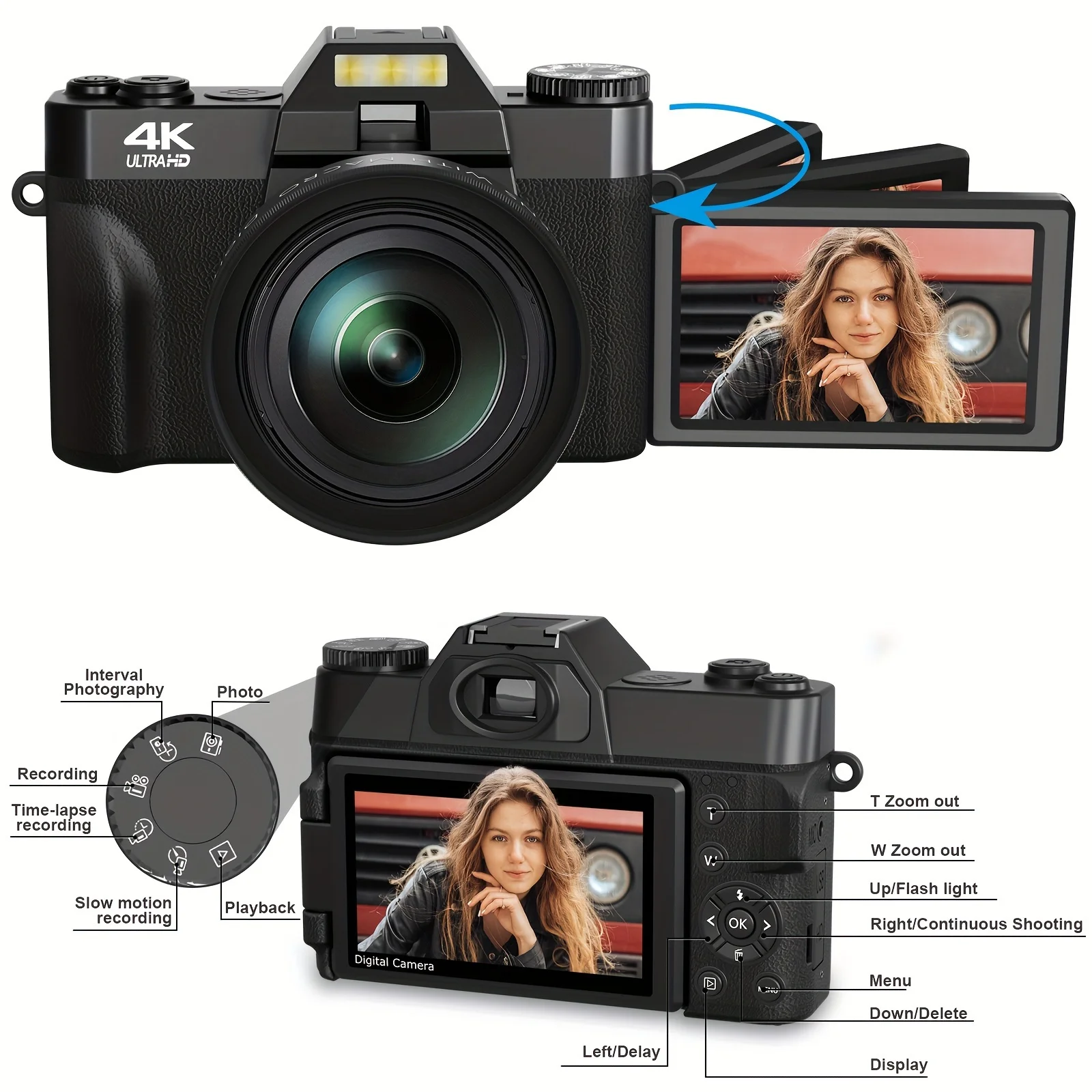 4K Digital Camera for Photography 16X Digital Zoom Vlogging Camera for YouTube 64MP WiFi Auto Focus Video Camera 3