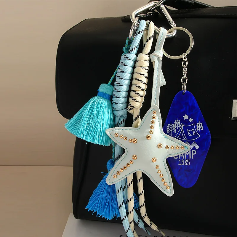Liontin Tas Bintang Laut Gantungan Kunci Dekoratif Kulit Pelangi Beruang Macan Tutul Lucu Hadiah Tas Tali Kepang Mode Aksesori Serba Guna