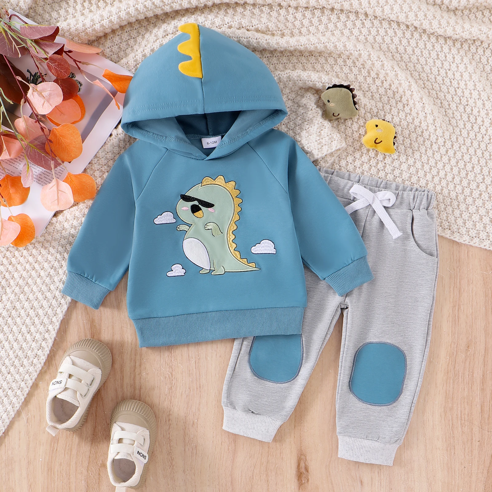 1-4Years Kids Baby Boys 2-piece Outfits Autumn Tracksuits Long Sleeve Embroidery Dinosaur Hoodies with Elastic Waist Sweatpants