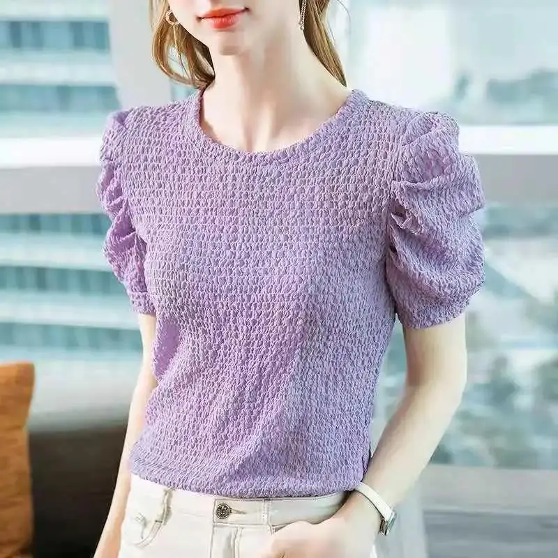 Women's Clothing Sweet Chiffon Solid Color Shirt 2023 Summer Short Sleeve Elegant Folds Slim Commute All-match Round Neck Blouse