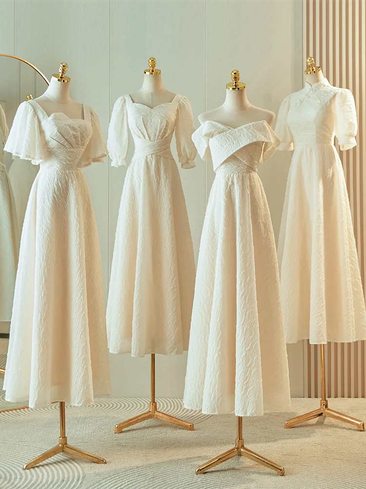 

Модное женское платье цвета шампань для подружек невесты, длинное, А-силуэт, с коротким рукавом, для свадебных торжеств