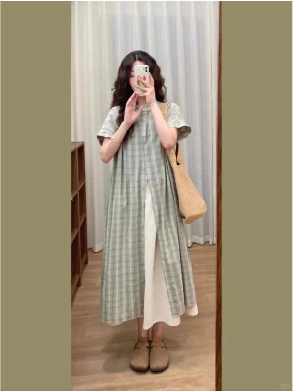 

Plus Size Summer 2025 Gentle Vintage irt Dr Midi Loose Stand Collar Small Size Ele Plaid Dr Commute Artistic Loose Fit or...