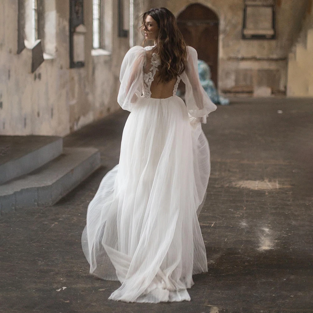 Vestido de novia largo de tul plisado con mangas abullonadas, flores 3D, Espalda descubierta, bordado, ilusión, largo, cuello alto