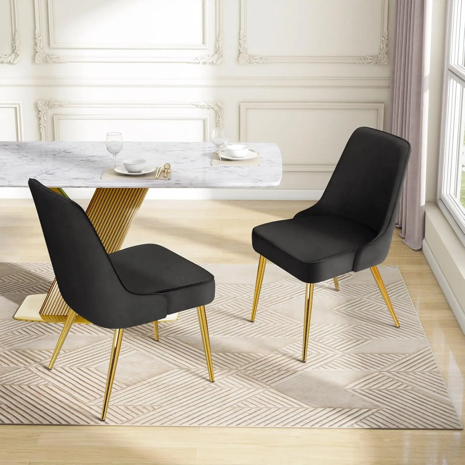 Black Velvet Dining Chairs Sets of 2,Mid-Century Modern Desk Upholstered Chair with Gold Legs for Kitchen Living Room Black