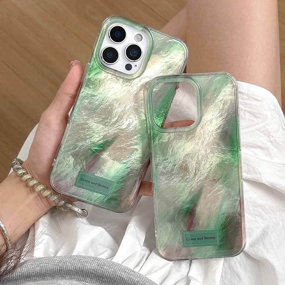 

New Korean INS Gradient Green Aurora Pattern Phone Case For iPhone 16 15 14 13 Pro Max Anti-fall Protective Cover With Lanyard