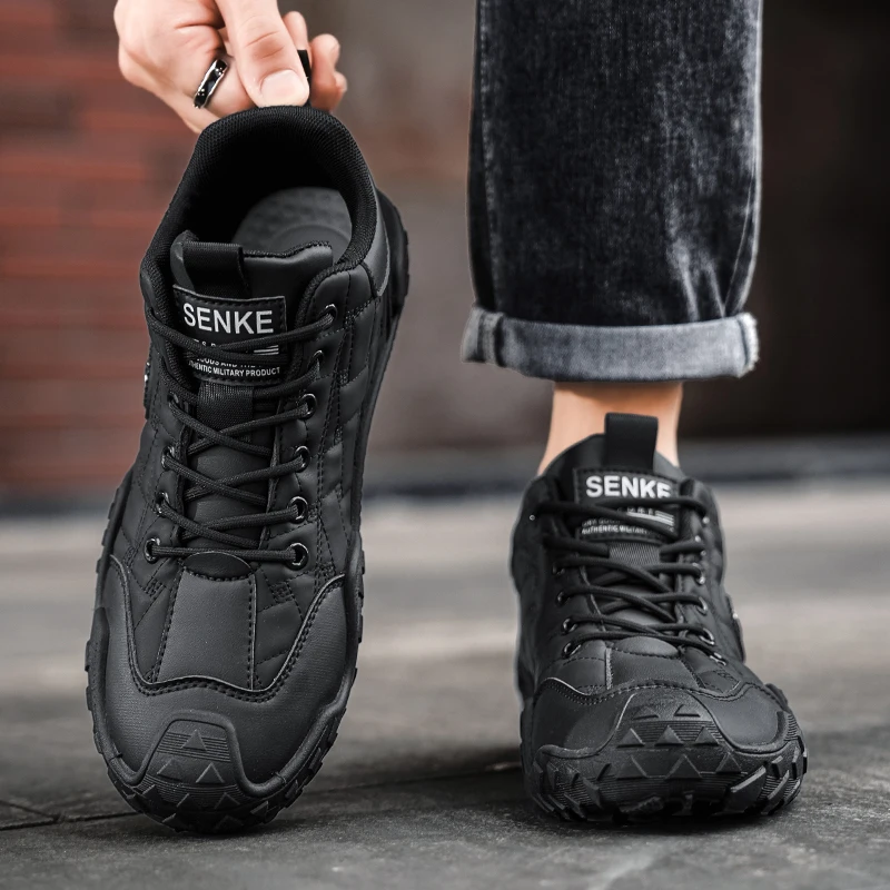 Fashion Male Outdoor Mid‑height Walking Booties Lace‑up Diamond Stitch Upper Non‑slip Wear‑resistant Sole For Autumn Winter