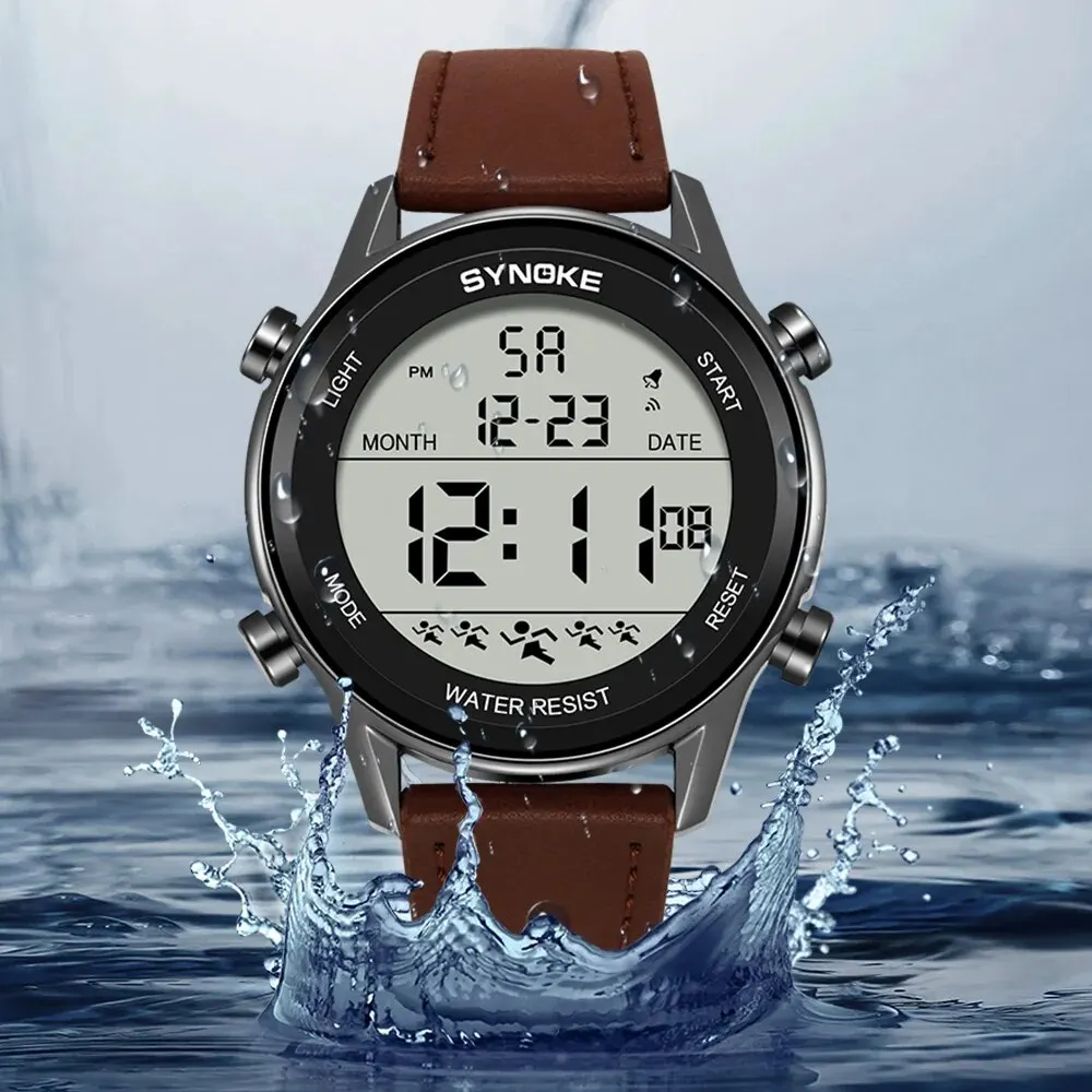 SYNOKE Men Outdoor Sports Multifunctional Waterproof Large Screen Display Luminous LED Digital For Men Fashion Belt Watch