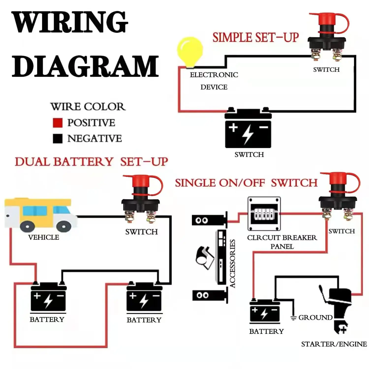 DC 12V 24V Battery Master Isolator Cut Off Power Kill Switch for Marine Car Boat RV ATV Auto , 2 Copper Ring Terminals