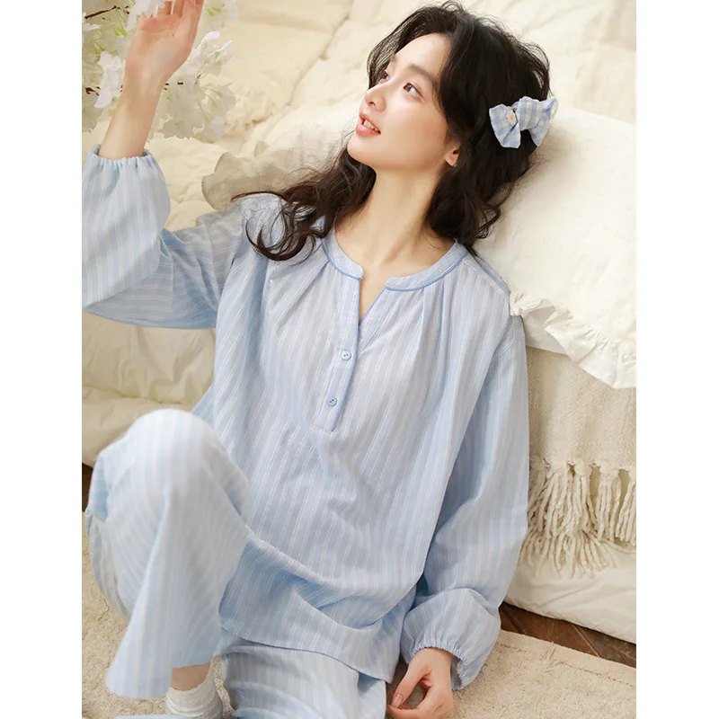 New Pajamas Women's Casual Simple V-neck Striped Can Go Out Pullover Thin Loungewear