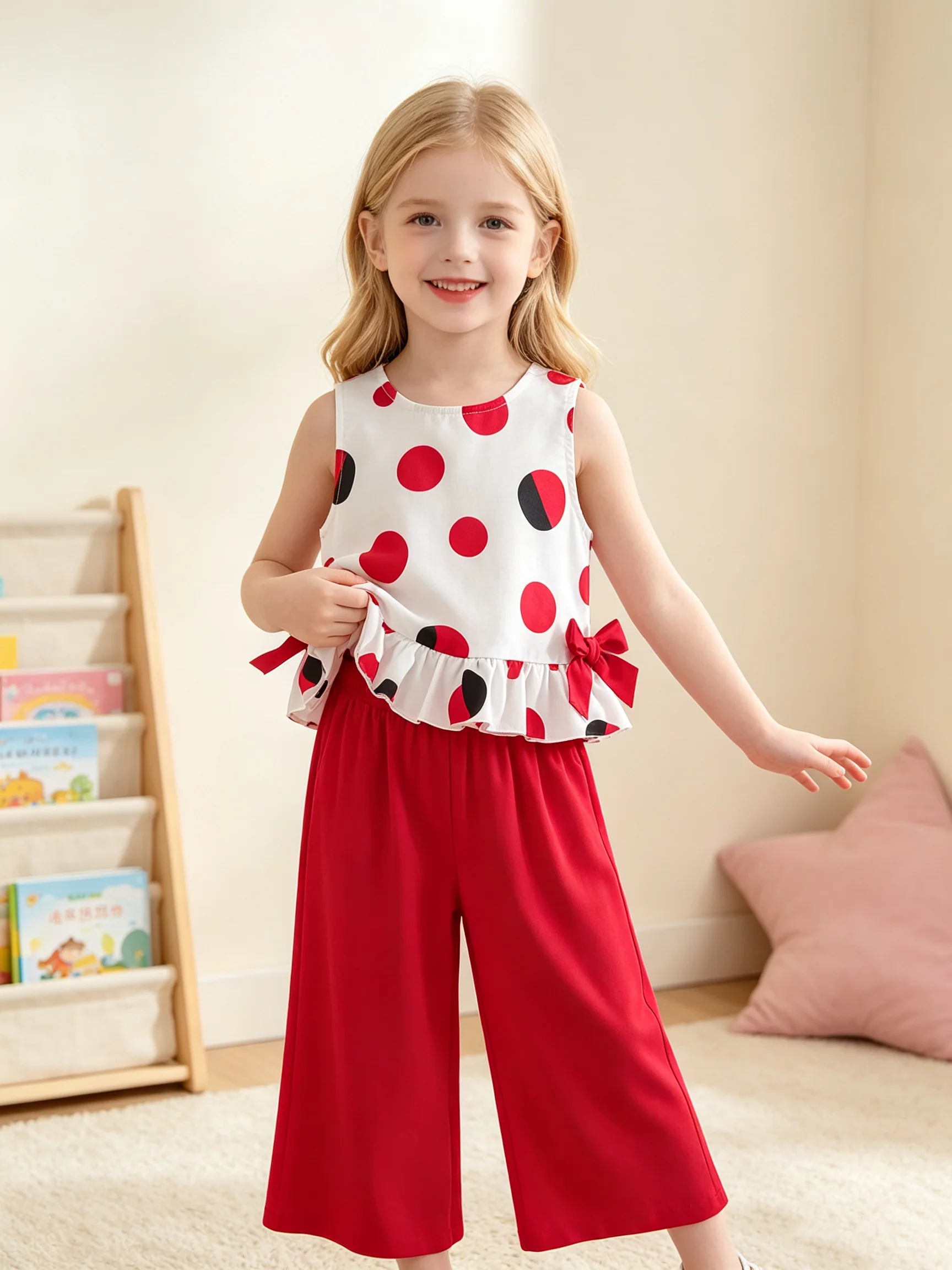 Sommerliches, lässiges, gepunktetes, ärmelloses Oberteil und weit geschnittene Hose für Mädchen mit gerüschtem Schleifendesign für Shopping und Partys. – Detail 3