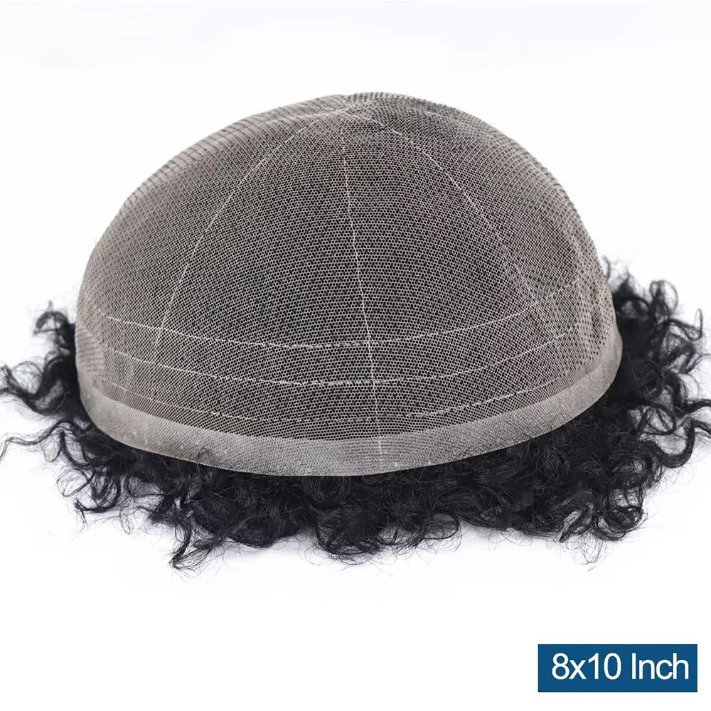 Afro Curly Full Lace Mens Toupee 8mm Wave Human Hair Piece African Male Wig Kinky Curly Replacement System Unit Men's Prosthesis