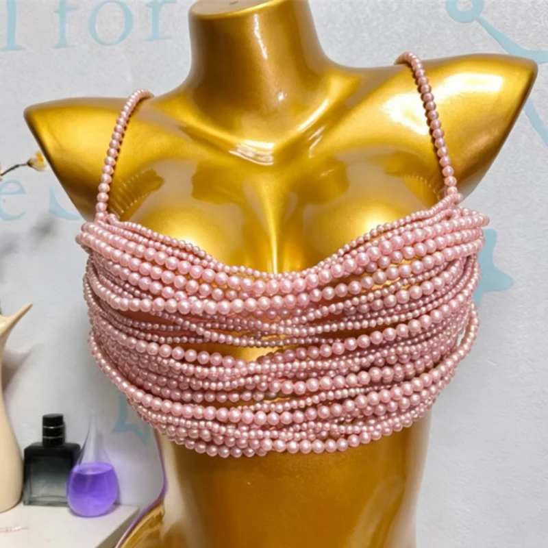 Damen Perlen-Körperkette BH Sexy Mehrlagiges Perlen-Y2K-Crop-Top Spaghetti-Träger Strand-Bikini-Überzug футболка+женская 2026 – Detail 12