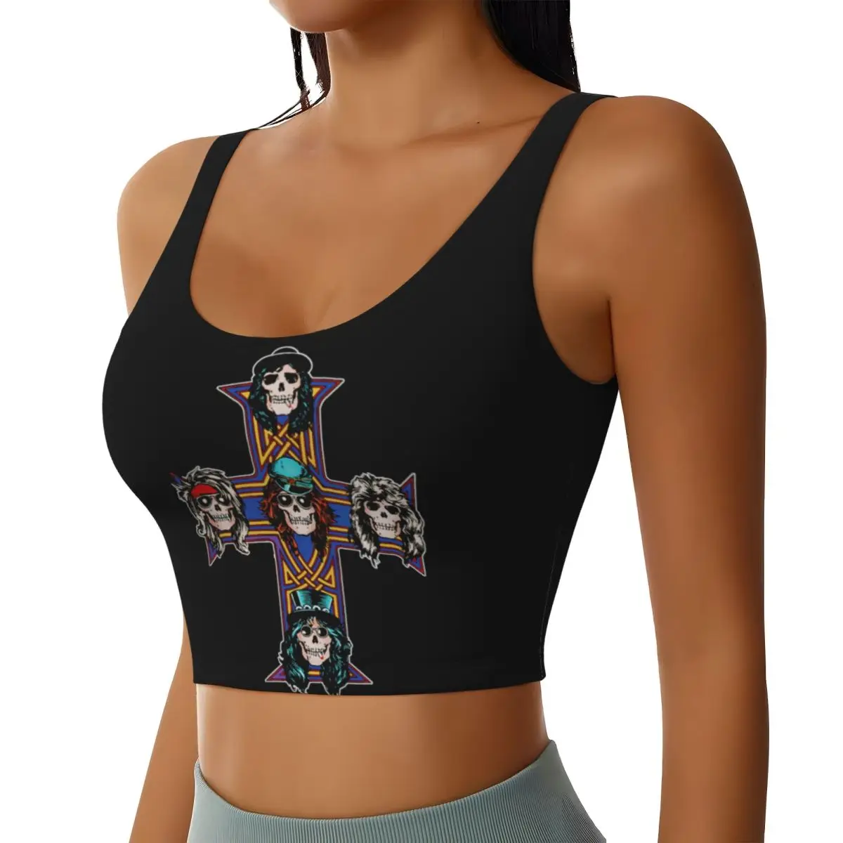 Custom Guns N Rose Logo Steampunk Music Print High Impact Sports Bras for Women Seamless Workout Yoga Crop Tank Tops