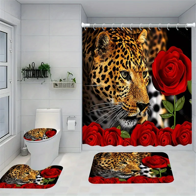 4PC Leopard Rose Set, Decorative Bathroom Set Including Waterproof Shower Curtain, Non-slip Floor Mat, Toilet Seat Cover, Bathro