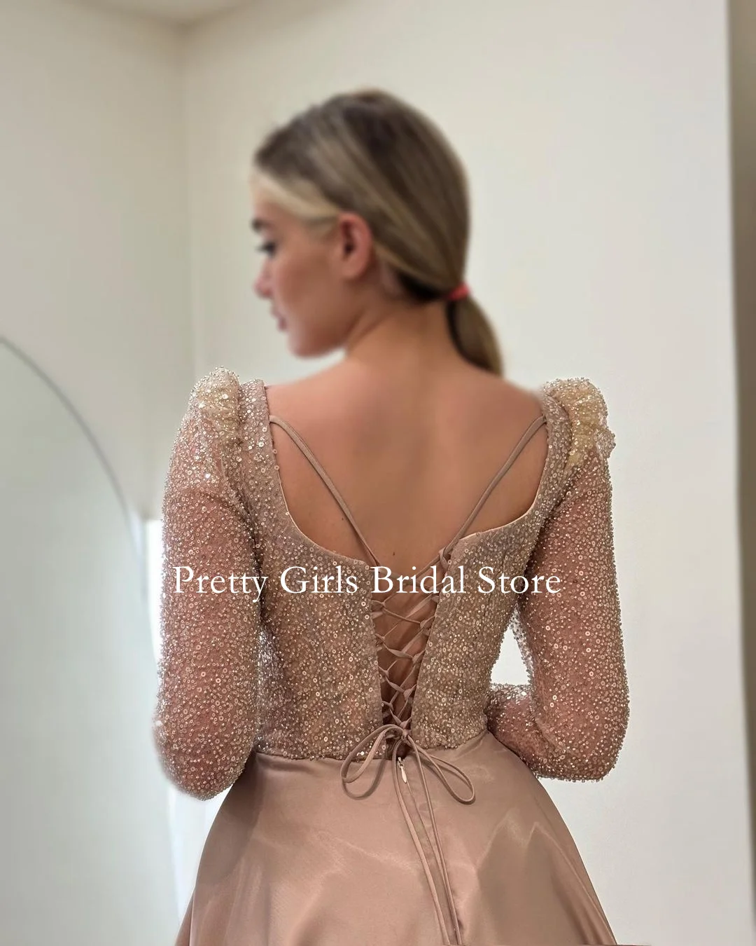 OEING Arabic Style Vintage Sequins Satin Evening Dresses Square Neck Formal 프롬드레스 Long Sleeves Prom Growns Party Women Bride