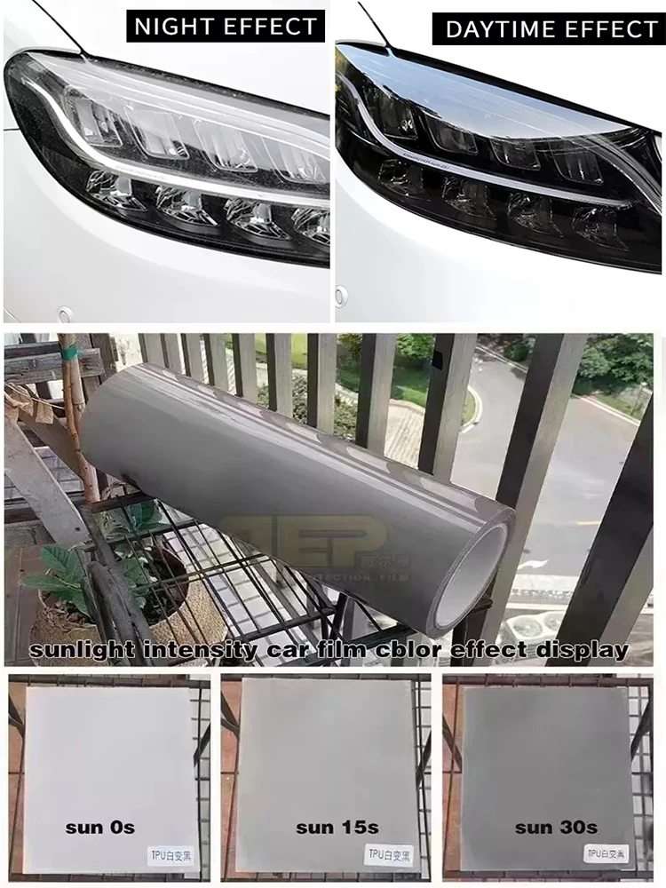 Inteligentna folia na reflektory fotochromowe UV Color Black Change TPU PPF do dowolnej dekoracji lamp samochodowych, odpornych na zarysowania, naklejek ochronnych — 2