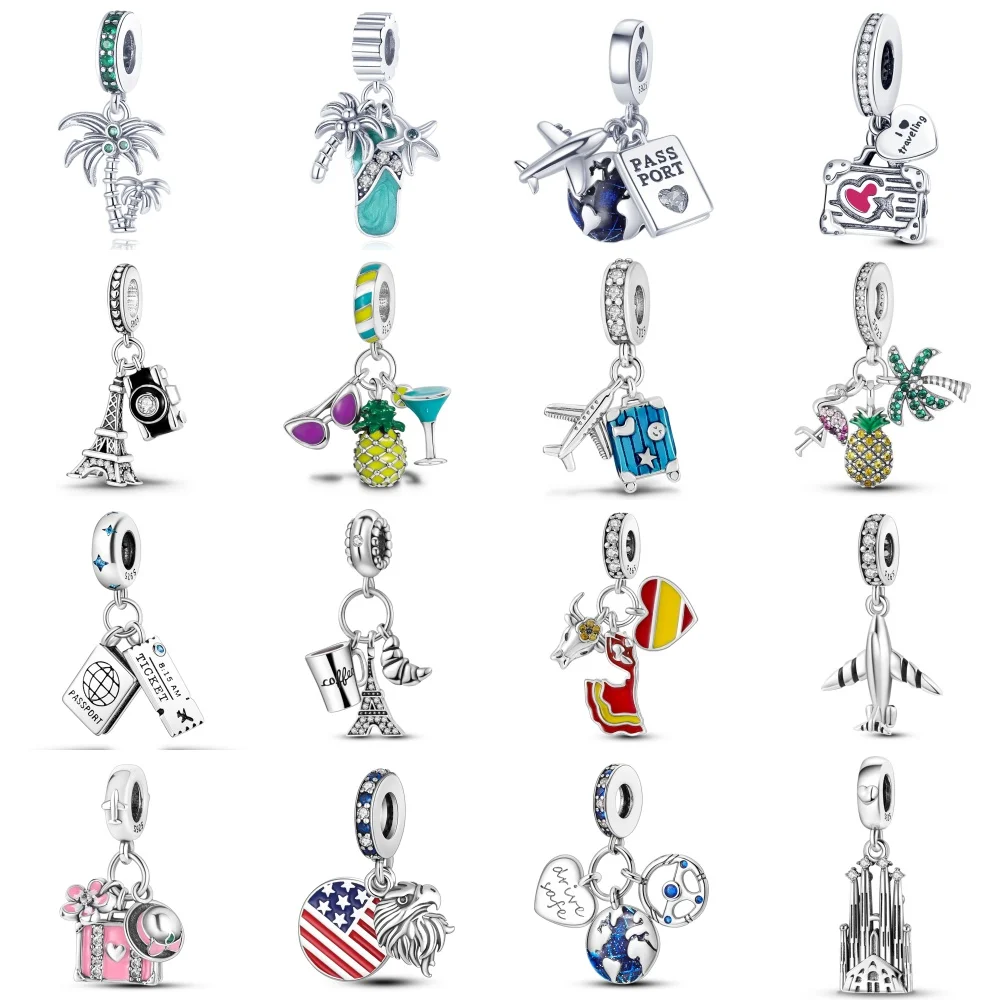 925 Sterling Silver Airplane Luggage Travel Pendants Bracelet Charms Fit Bangle For Women Jewelry Party Beads Gift DIY Accessory