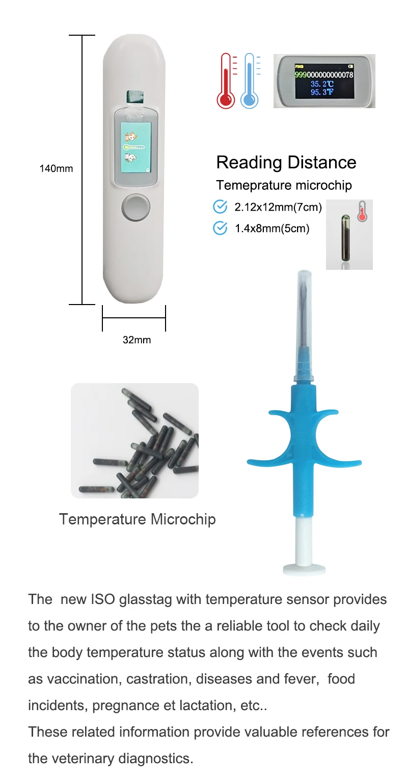 FDXB ISO11784/85 RFID monitoring temperature scanner for pet dog cats animal veterinarian with APP
