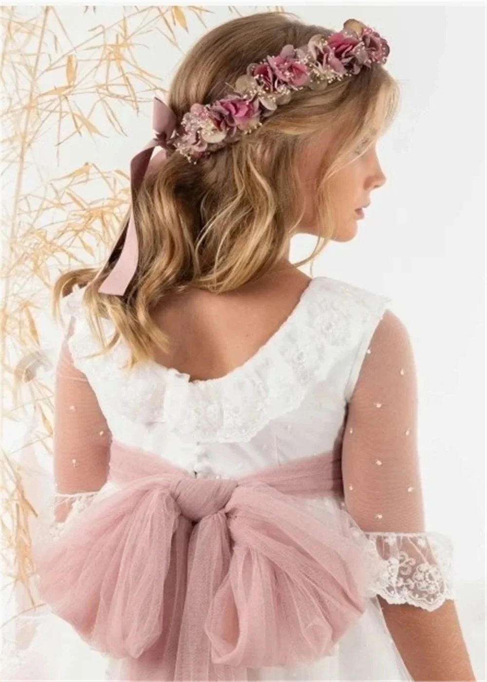 First Communion Gown Flower Girl Dress Half Sleeve Lace Bow Sash Tulle Appliques Wedding Dresses Party Kids Birthday Gowns